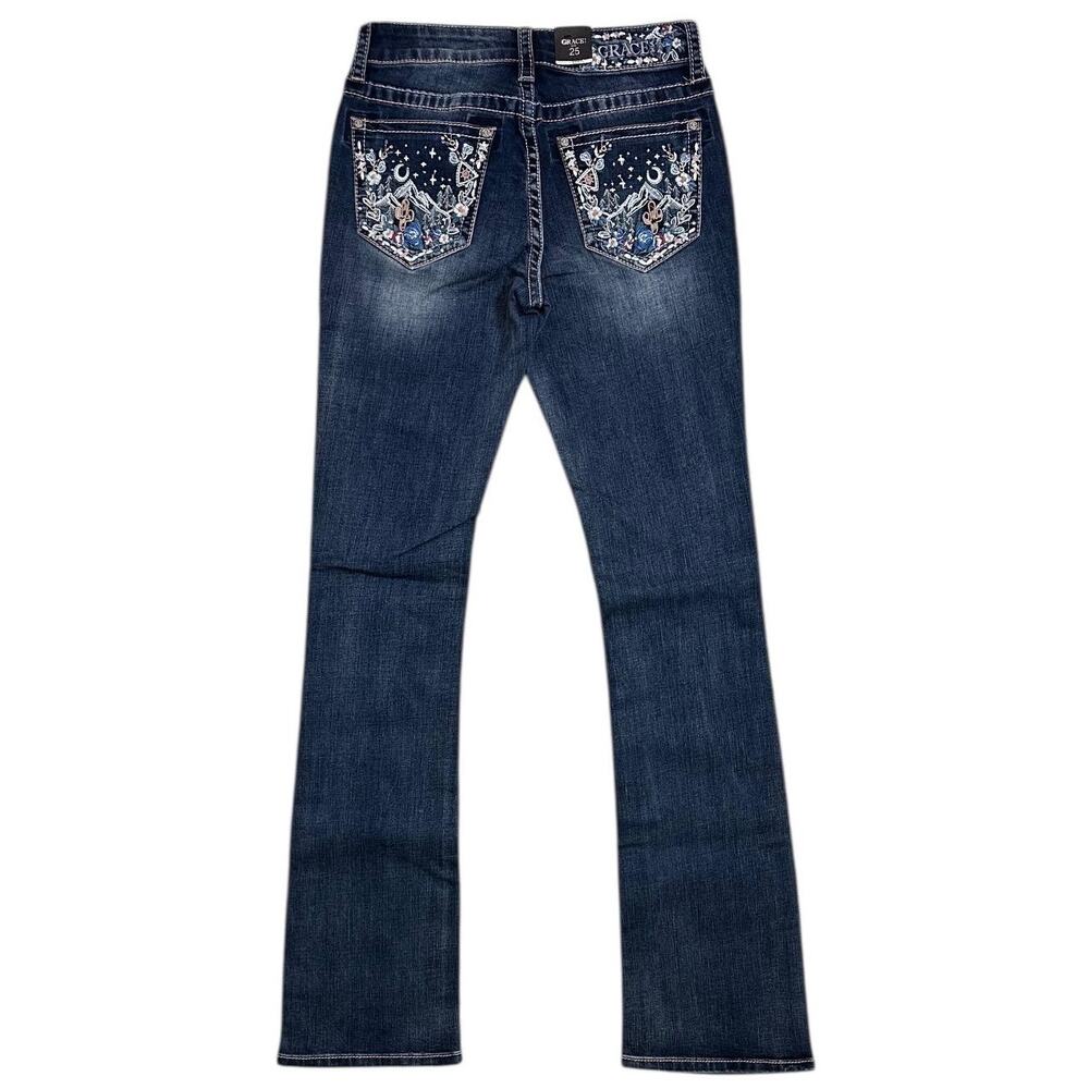 Grace in LA Women's Cactus Floral Embroidered Bootcut Stretch Jeans - Picture 3 of 4